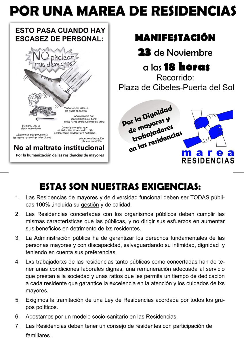 Esta tarde a las 18 horas. 
Os esperamos a todxs en la Plaza de Cibeles.
Iremos todxs juntos hasta la Puerta del Sol frente a Presidencia del Gobierno de la Comunidad de Madrid y gritarémos todxs juntos ¡DIGNIDAD PARA MAYORES Y PERSONAS DEPENDIENTES!
#MareaResidencias23N