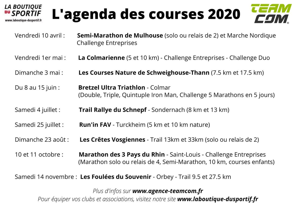 Notre agenda des courses 2020 est à jour ! On compte sur vous, comme en 2019. #running #courir #alsace #trail #marathon #10km #5km #triathlon #ultra