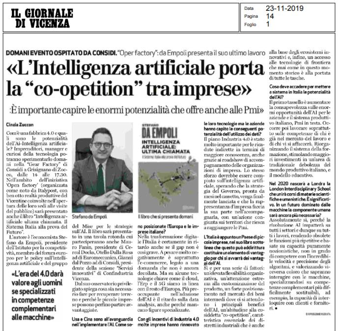 L'INTELLIGENZA ARTIFICIALE PORTA LA CO-OPETITION TRA IMPRESE
Questa mattina sul <a href="/GiornaleVicenza/">Il Giornale di Vicenza</a>, non perdete l'intervista a <a href="/daempoli/">Stefano da Empoli</a> che domani sarà protagonista di un panel organizzato da <a href="/CONSIDIofficial/">CONSIDI S.p.A. (Società Benefit)</a>  in occasione di #OpenFactory.
Registrazioni: open-factory.it