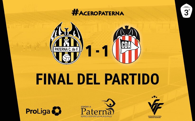 FINAL DEL PARTIDO

<a href="/CDACEROOFICIAL/">Club Deportivo Acero</a> 1 (Juliá, 41')
<a href="/PaternaCdeF/">Paterna CF ⚽️🐝</a> 1 (Daniele, 35')

#AceroPaterna
#AmuntPaterna
💛🖤💛🖤💛

@golsmediasports <a href="/SagredoMarco/">Juan A. Sagredo l Alcalde de Paterna 🔥</a> <a href="/superdeporte_es/">Superdeporte</a> <a href="/intuMediterrani/">intu Mediterrani</a> <a href="/ProLigaFutbol/">ProLiga Fútbol</a> <a href="/FFCV_info/">FFCV</a> <a href="/marca/">MARCA</a> <a href="/besoccer_ES/">BeSoccer</a>