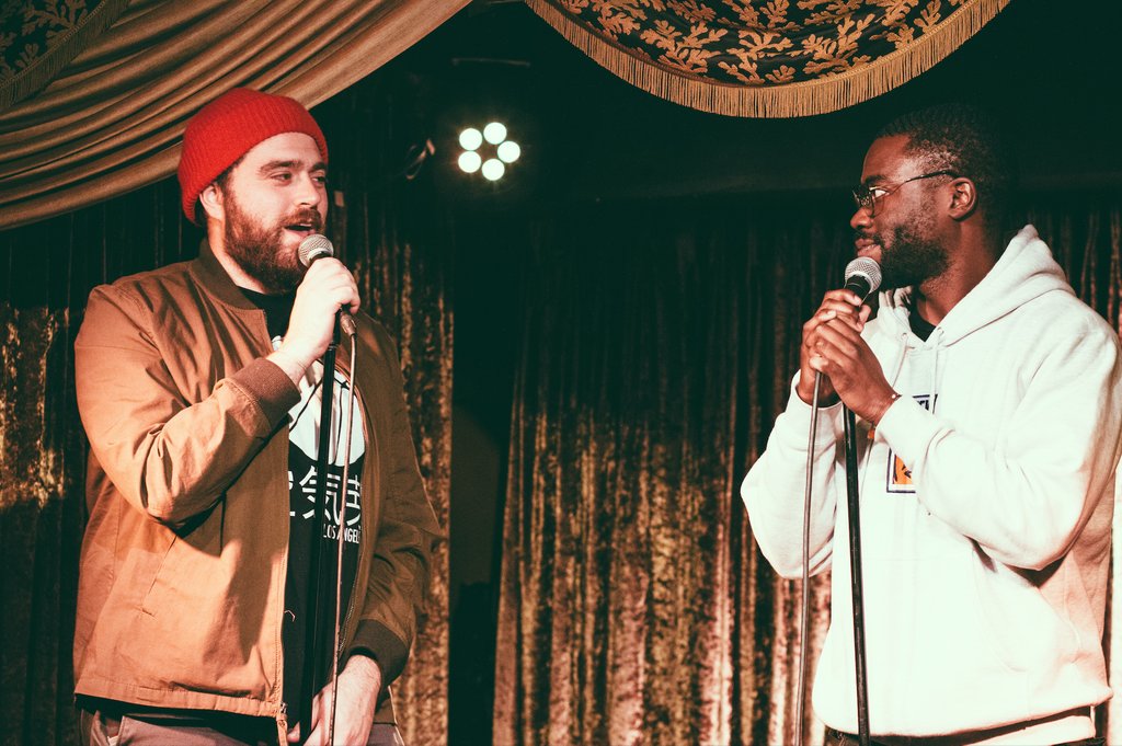 mixtapeLA's tweet photo. peter and garrick realizing the soundboard got fucked up #lvestandup #lacomedy #bushdid911 https://t.co/MTij0z8p2U