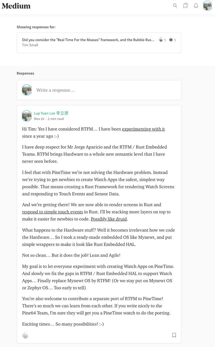 Many ways to run #RustLang on <a href="/ThePine64/">PINE64</a>'s #PineTime Smart Watch... There's the super-cool RTFM / Rust Embedded HAL way... And then there's the lesser known #Mynewt OS way! Lemme explain... medium.com/p/a7c9bd4e969d…