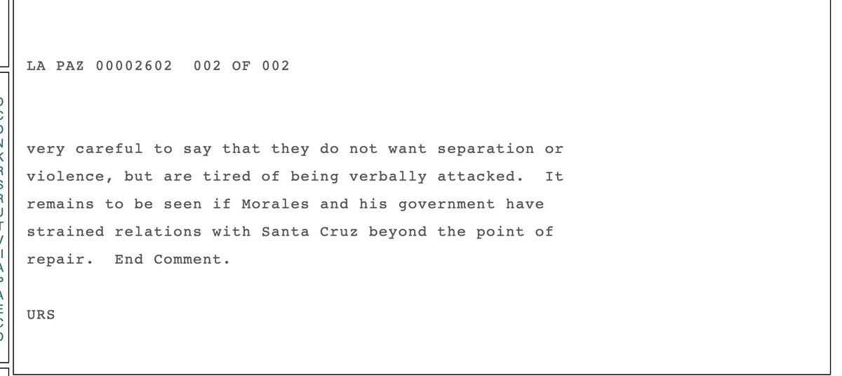 I'm not racist, but because Evo Morales called me "neoliberal", I want to start a civil war and establish an ethnostate.  https://wikileaks.com/plusd/cables/06LAPAZ2602_a.html