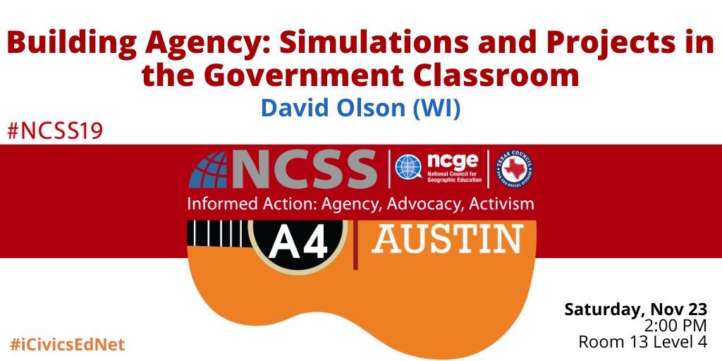It’s almost time to learn about some projects and simulations for Government classes. Come and learn about my #APGov Campaign project and a few others.
#NCSS19 
Room 13, Level 4 2:00PM
