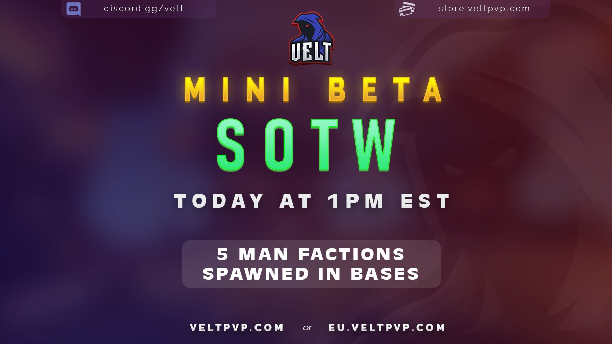 VeltPvP's tweet image. ⏰ We're hosting a Mini Beta Map Today @ 1PM EST!

• This map is to stress test some performance changes we've made
• Bases will be spawned in for factions

We're also giving away:

• 2x VIP Status

❤️, 🔄 and comment your IGN below to enter!

📄 veltpvp.com/thread/1650/Mi…