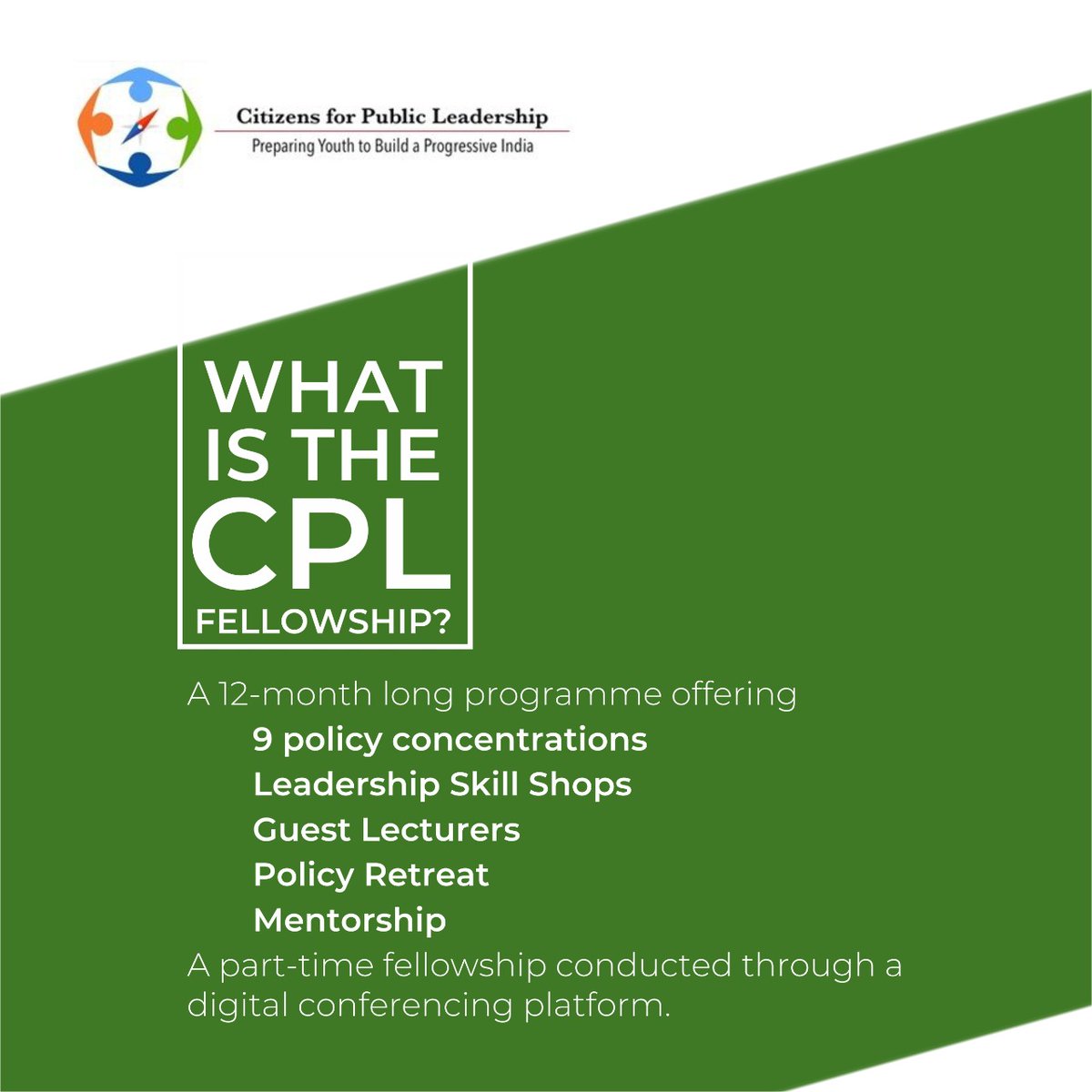 CPLFellows's tweet photo. What is the CPL fellowship?

A part-time fellowship to upskill and develop leadership qualities, learn the nuances of public policy, and widen your network!

Apply Today at https://t.co/kfYGGhOGoV

Deadline: 30th November, 2019, 11:59 pm IST

#CPLIndia #CPL3 #CPLfellows https://t.co/Pgaw9MOVDO