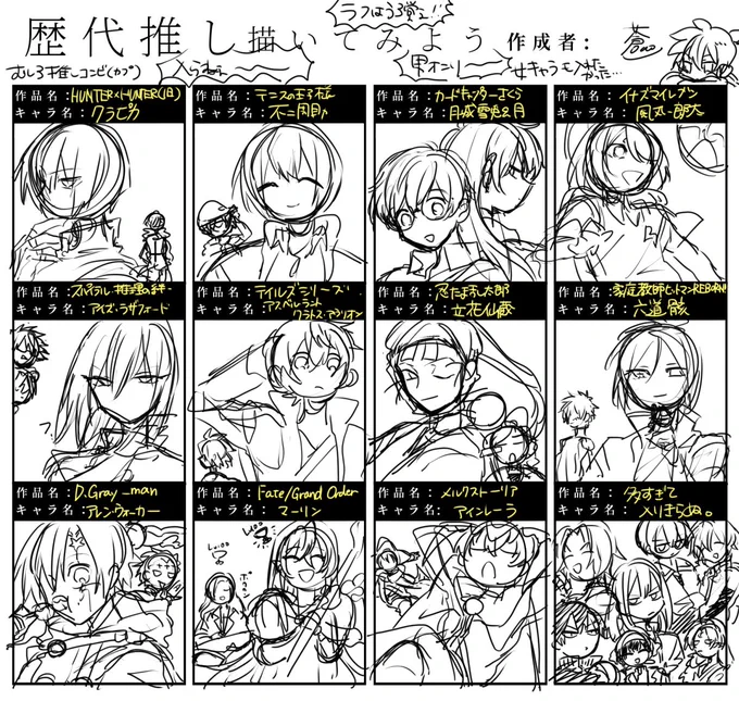 フォロワーがやってたの見てラフ描いた 入りきらねぇ 単品の男推しが居ないジャンルも入っていない 