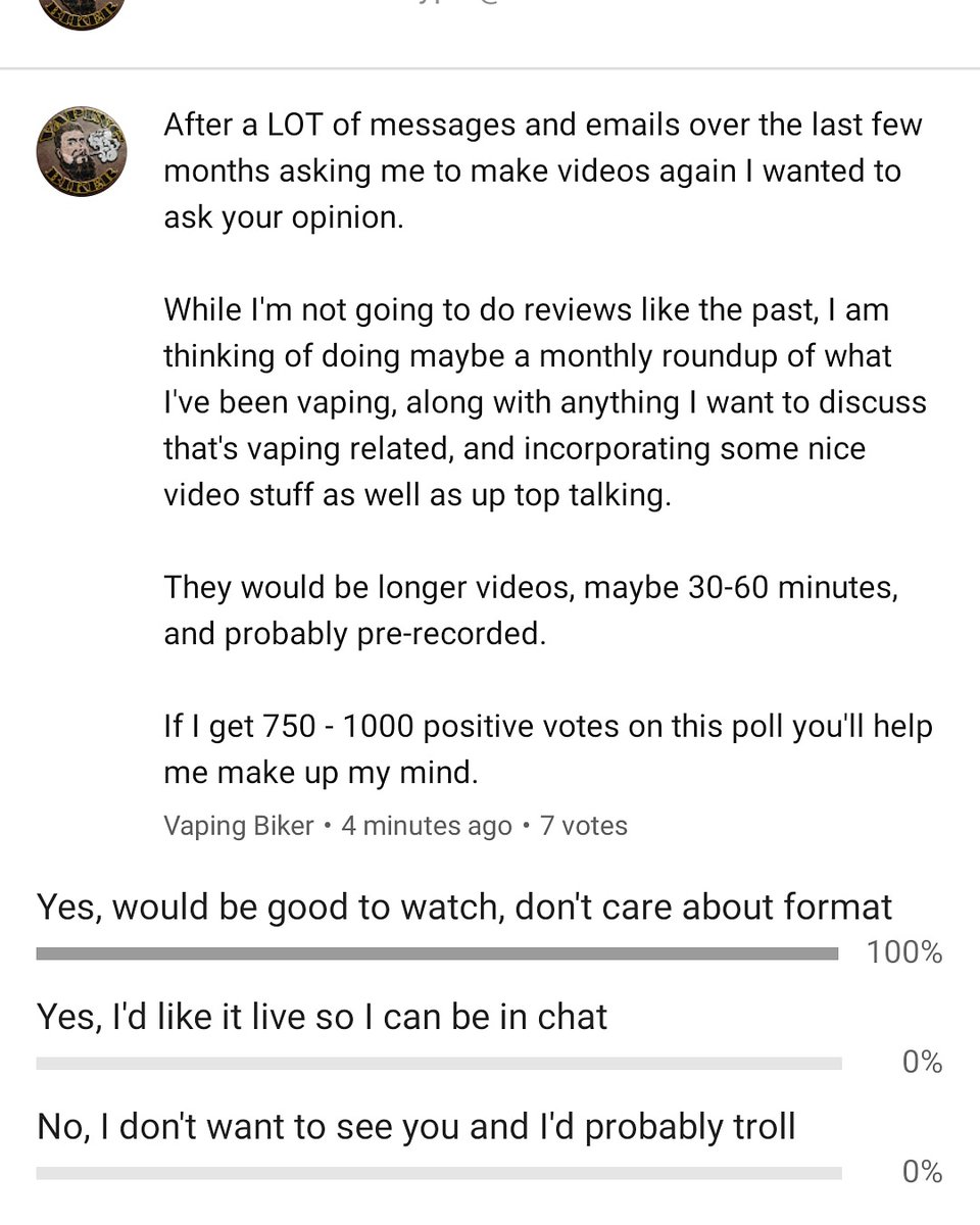 There's a poll on my community tab on the channel to help me decide if I should get back to YouTube.
Go over and vote!