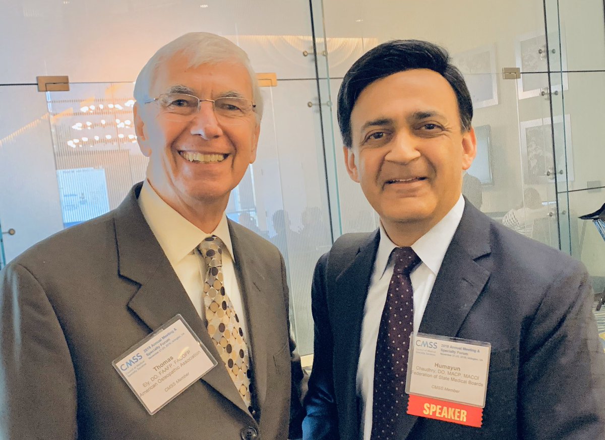 DrHankChaudhry's tweet photo. Great to meet up with Tom Ely, DO, President-Elect of the @AOAforDOs, at @CMSSmed Annual Meeting! I’m about to speak on “Opportunities and Obstacles to Telehealth Adoption.” #CMSSTechForum https://t.co/gRv5bhpshc