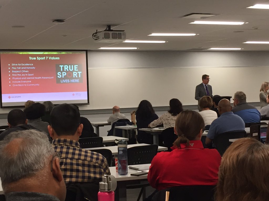 sportlawca's tweet photo. We need to re-define the value of ‘Striving for Excellence’ from winning medals to ensuring the wellbeing of children. Thank you @CBCScottRussell for an inspiring keynote at #TOSport Summit. @TrueSportpur https://t.co/FHNR6PF4BO