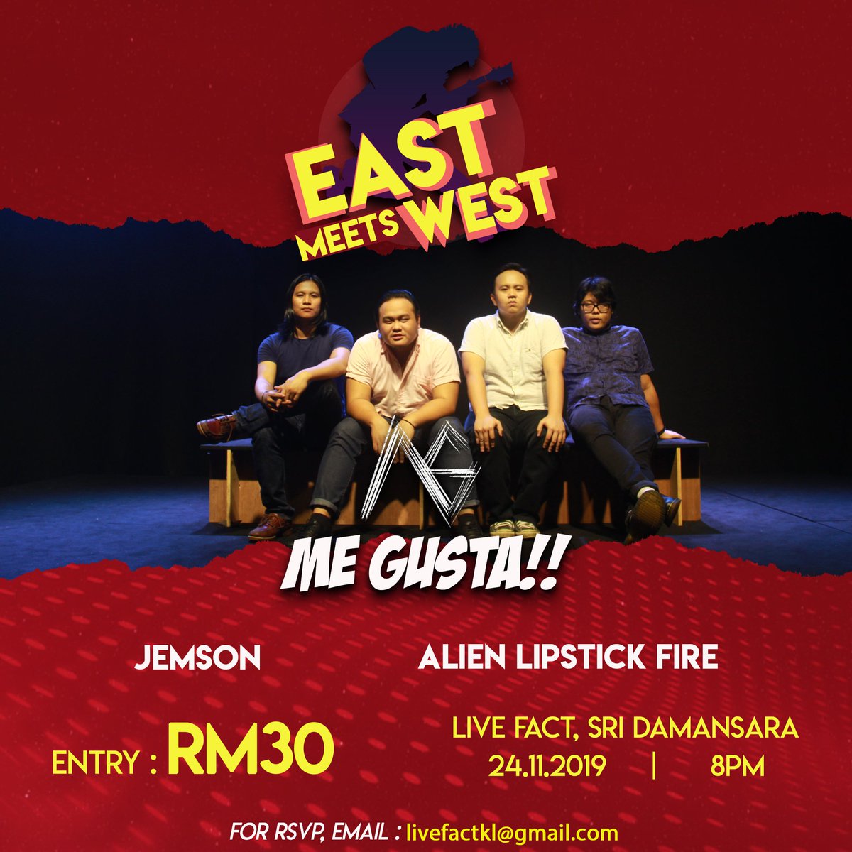 Live Fact (@livefactkl) on Twitter photo East Meets West ft. <a href="/xjemsonx/">JEMSON 2025!</a> <a href="/kkmegusta/">Me Gusta!!</a> <a href="/AlienLpstckFire/">Alien Lipstick Fire</a>, super awesome line-up, jom! East Meets West ft. <a href="/xjemsonx/">JEMSON 2025!</a> <a href="/kkmegusta/">Me Gusta!!</a> <a href="/AlienLpstckFire/">Alien Lipstick Fire</a>, super awesome line-up, jom!