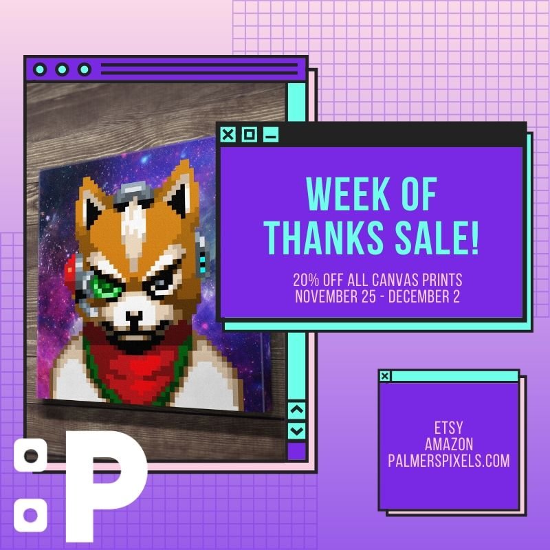 PalmersPixels's tweet image. Thank you to those who have encouraged and supported our labor of love that is Palmer's Pixels.  To show our thanks, enjoy 20% off Canvas Prints 11.25 - 12.2 @ etsy.me/2Ph2AV5 | amazon.com/handmade/Palme… | palmerspixels.com #gaming #retrogaming #pixelart #thanksgiving