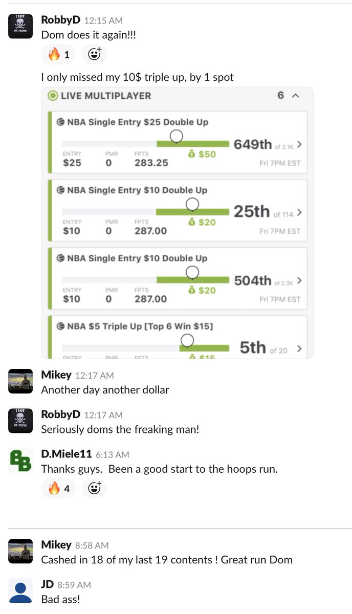BetBabble's tweet photo. Check in on BB Chat from last night and see how the NBA DFS season has started for the BB crew.

🔥🔥🔥

Come join us. https://t.co/gBHzhLNN4y