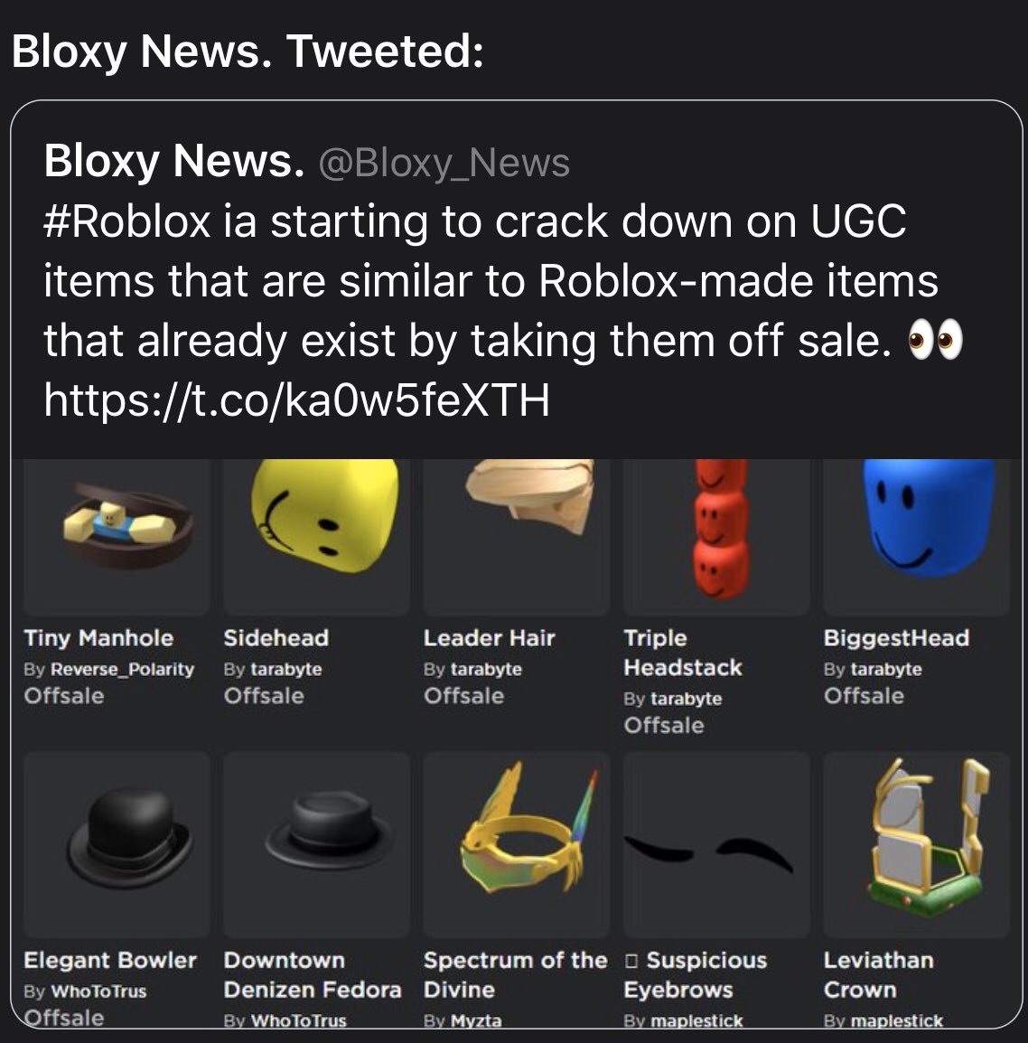 Bloxy News On Twitter Roblox Is Starting To Crack Down On Ugc Items That Are Similar To Roblox Made Items That Already Exist By Taking Them Off Sale Https T Co A1cp9qh5ii - twitter ugc roblox