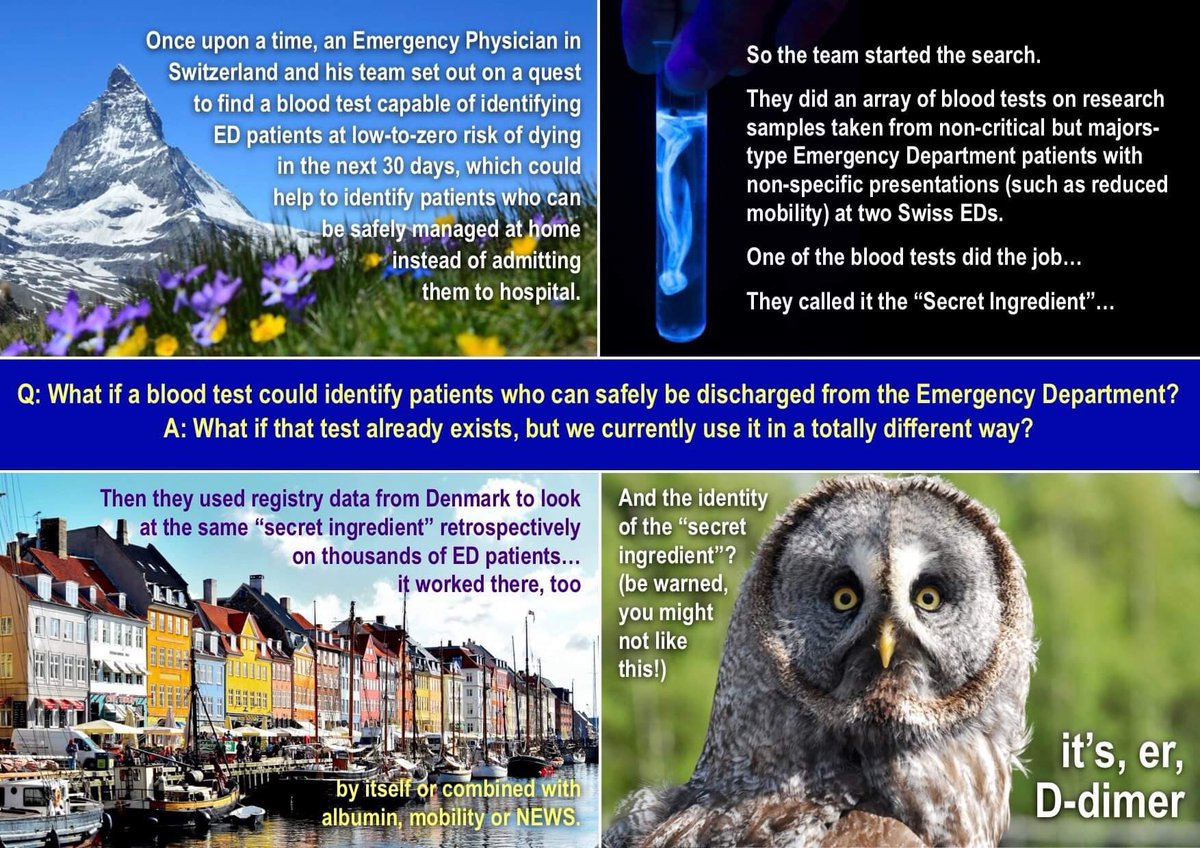 And the identify of  #TheSecretIngredient? D-dimer.Please do not shoot the messenger and do NOT change your clinical practice at this time.  @replynickel &  @MBrabrand are here to discuss: do read their papers! Link to collated abstracts in next tweet. https://twitter.com/DrLindaDykes/status/1197634502077616129?s=20