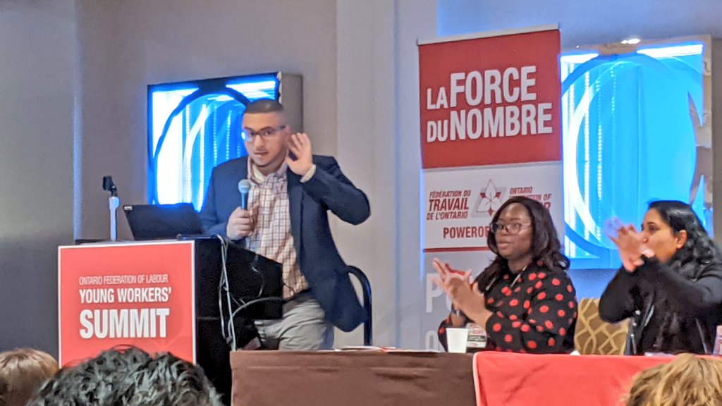 ausmalik's tweet photo. Welcome from @AhmadGaiedOFL to kick-off #OFLyoungworkers summit! Hear more from Ahmad on @AtkinsonCF's #JustWorkIt season 1 about union organizing as a mechanism for #decentwork and to safeguard the #futureofwork: https://t.co/dyUVXZPZEI #powerofmany #onpoli #oflyw2019 @OFLabour https://t.co/0zFIpcQ7pO