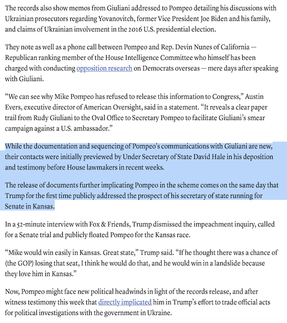 NEW: Court ordered documents just released from State uncover “a clear paper trail from Giuliani to the Oval Office to Pompeo to facilitate Giuliani’s smear campaign against a US ambassador,” further implicating Pompeo in the Ukraine affair.by  @mawilner  https://bit.ly/2riclXO 