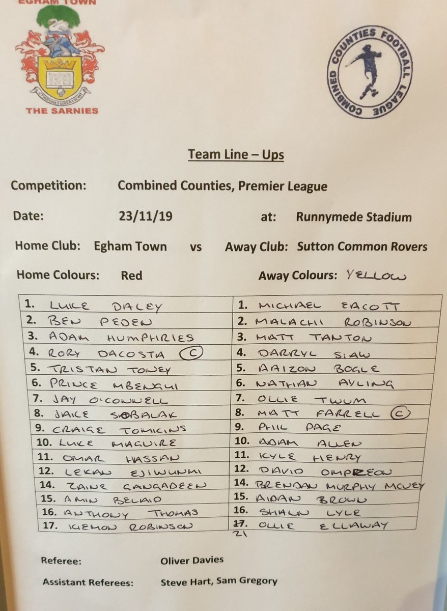 EghamTown's tweet photo. 30 mins gone and its @EghamTown 1 - 1 @official_scrfc 
(2 penalties) and SCR down to 10 men https://t.co/ezHuyQietC