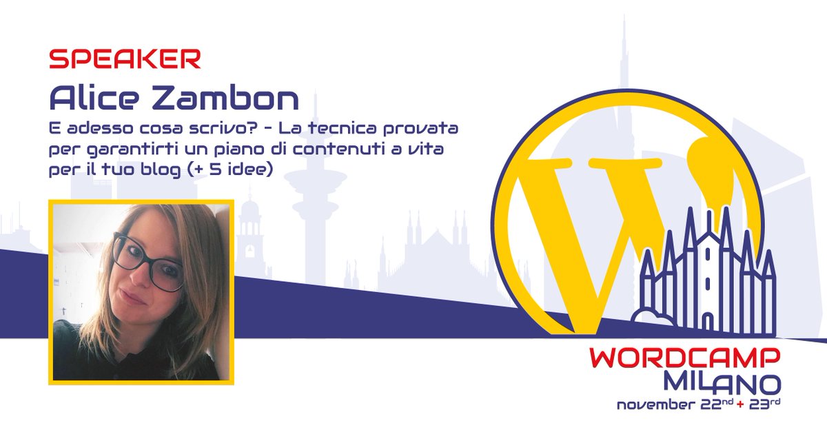 Inizia il talk di Alice Zambon <a href="/ZambonAlice/">Alice Zambon</a> dal titolo:
E adesso cosa scrivo? – La tecnica provata per garantirti un piano di contenuti a vita per il tuo blog (+ 5 idee)

#WCMIL #WordPress #WordPressCommunity