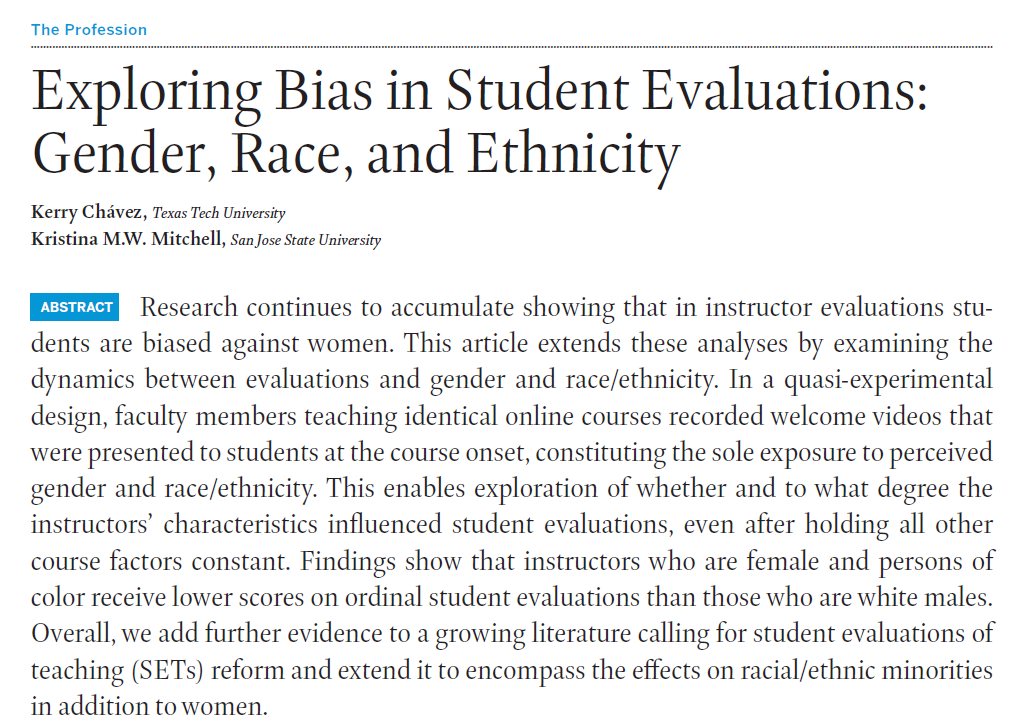 [THREAD] There is a lot of twitter buzz about this new paper on gender and race bias in student evaluations. Well, I have some comments *about this paper* 1/  https://www.cambridge.org/core/journals/ps-political-science-and-politics/article/exploring-bias-in-student-evaluations-gender-race-and-ethnicity/91670F6003965C5646680D314CF02FA4