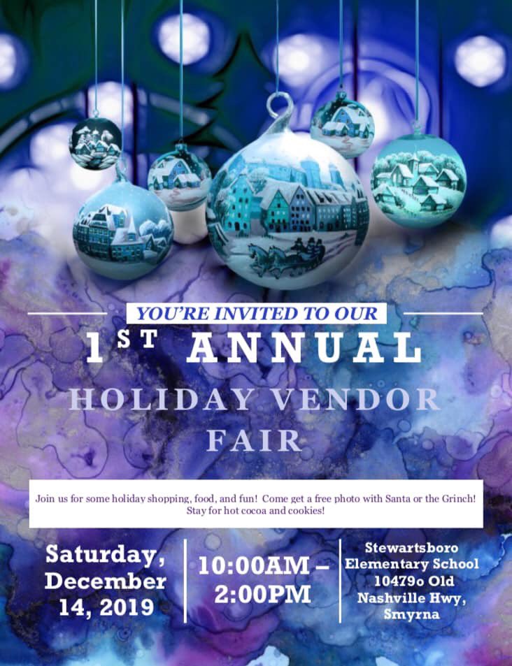 Our first annual vendor fair is coming up!  Come join us Saturday, December 14th at <a href="/STE_Stallions/">Stewartsboro Elementary</a> We will have vendors (stay tuned for a list), food, free photos with Santa and the Grinch! There’s still time to sign up as a vendor. Send us a message if your interested!