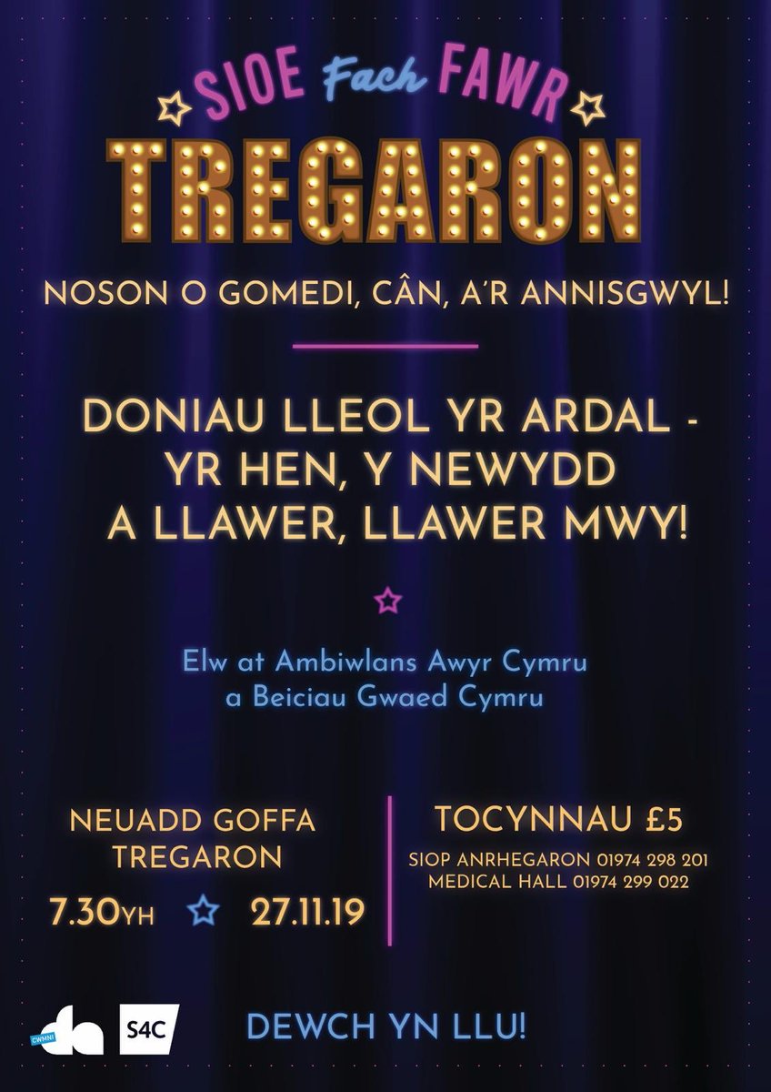 Sioe fach FAWR Tregaron 

Noson Llawn Talentiau Lleol

Nos Fercher YMA

Neuadd Goffa Tregaron

7:30pm. £5 dan 16 AM DDIM 

Tocynnau ar gael o Anrhegaron neu medical hall neu wrth y drws!! 

🔴 Dim ‘Stop and Start’ 🔴

 elw at <a href="/BloodBikesWales/">Blood Bikes Wales</a> Welsh Air Ambulance