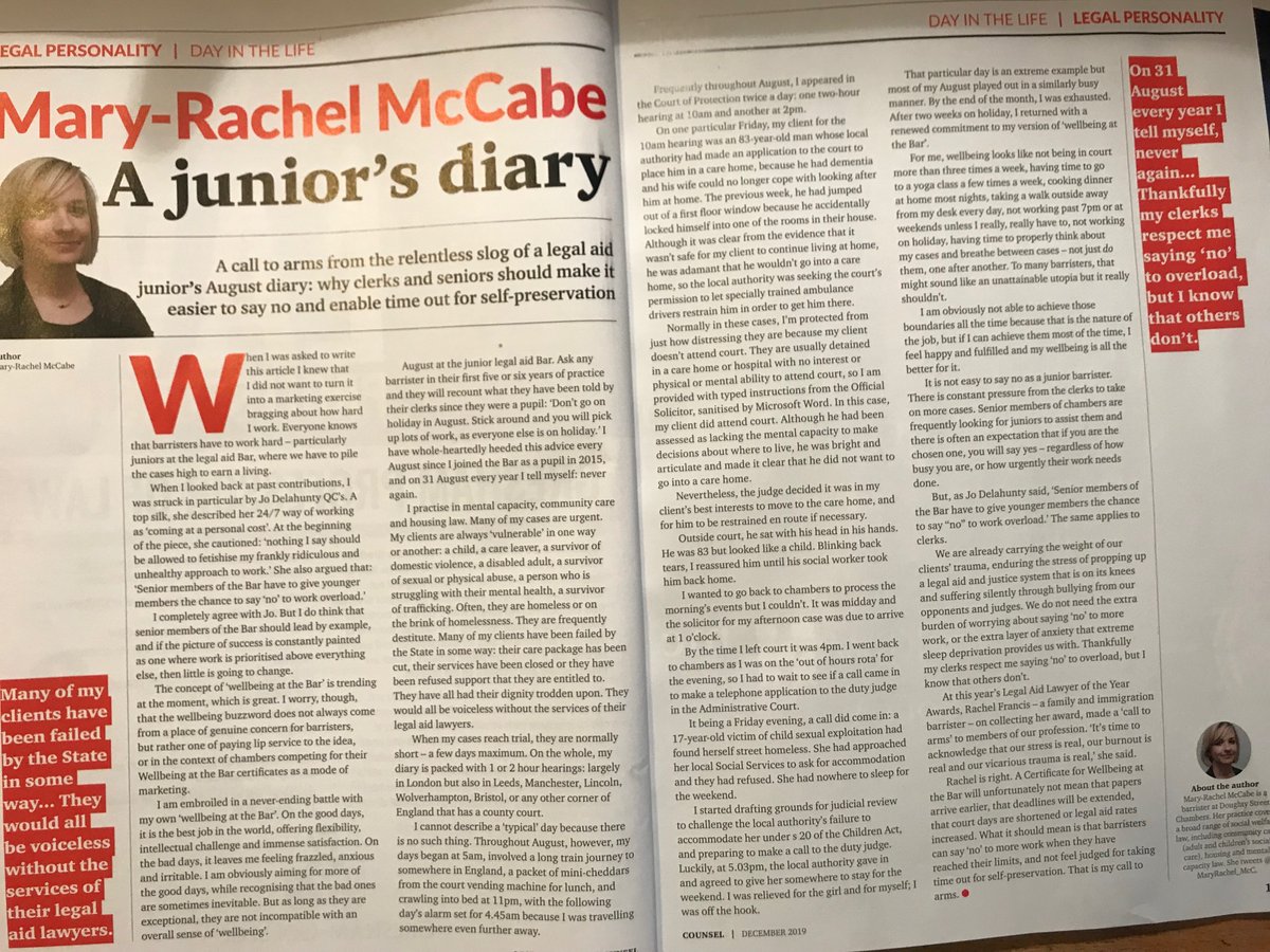 'A 'Certificate for Wellbeing at the Bar' will not mean papers arrive earlier, deadlines are extended, court days shortened, or legal aid rates increased' Are chambers just paying lip service to the issue of members' wellbeing?' @MaryRachel_McC @CounselMagazine