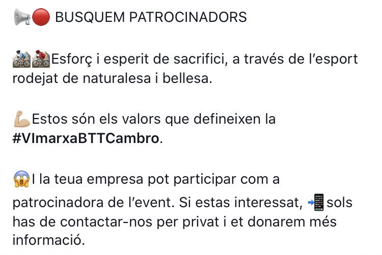 📢🔴 BUSQUEM PATROCINADORS 

📢🔴 BUSCAMOS PATROCINADORES

👇🏼👇🏼👇🏼👇🏼👇🏼

#VImarxaBTTCambro