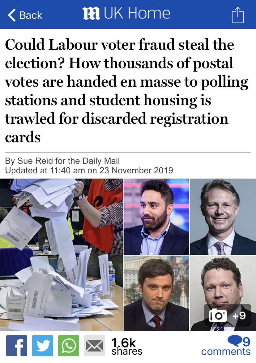 MEANWHILE: Here’s the Mail baselessly accusing Labour of encouraging voter fraud based on a conspiracy theory which makes no practical, mathematical or logical sense. Still, better than admitting the Tories could be beaten…