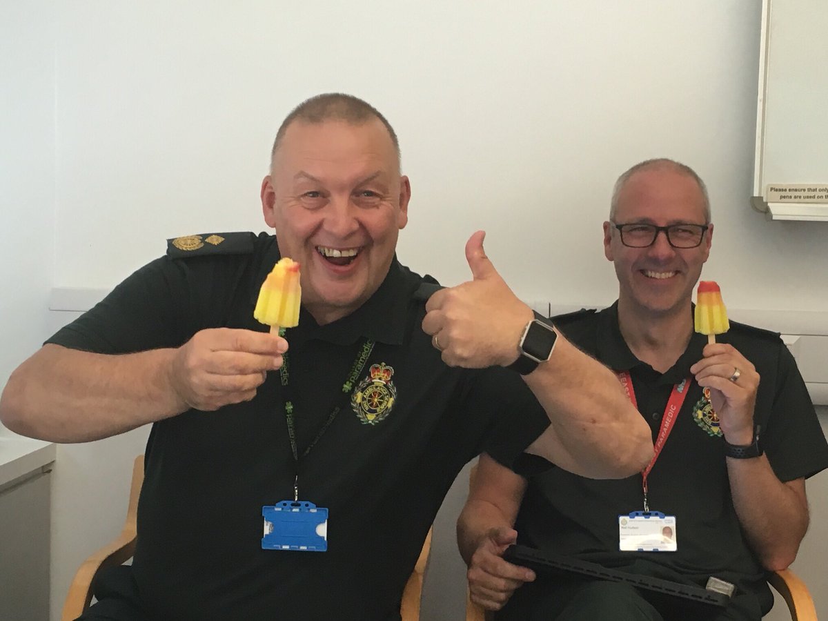 Day 23 of ⁦@EastEnglandAmb⁩ #PeopleofEEAST & I reflect back to sunnier times with ⁦@EEAST_LDBH⁩ and #Hudsey. These two gents took the offer of #icecreams on a blistering hot day and made me laugh with their delight at a #rocketlolly #easypleased #happytimes