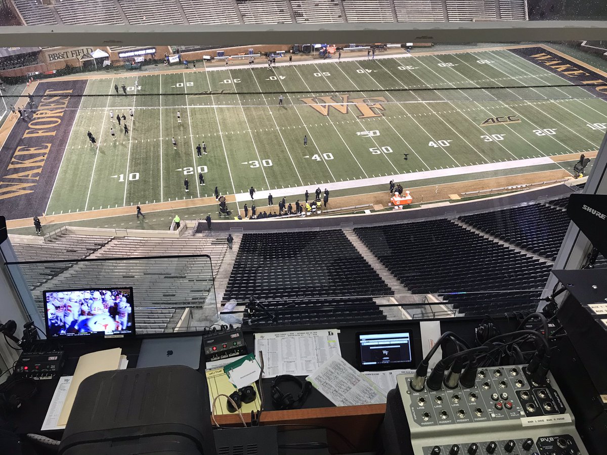 StanCottenWF's tweet photo. Our ‘perch’ tonite at a damp #bbtfield for @WakeFB @DukeFOOTBALL. Pregame with @John_Currie 
@Kendall_Hinton2 @CoachClawson @PhilBrame @LarySorensen @Dave_Goren @jamestravis12 @JoshNixon1 @WFCoachSparks. Air 6:30 ET. #godeacs #beatduke https://t.co/XHMxWEDDqK