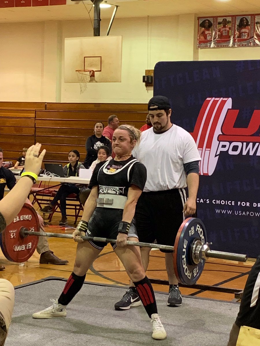coachmc15's tweet photo. This kid @emhenderson7 has always given it all he’s got!! She’s going to Nationals!!!! 💛💜 #LSUpowerlifting #LSU #beast #livingherdream #shesatiger https://t.co/S44TiKjToJ