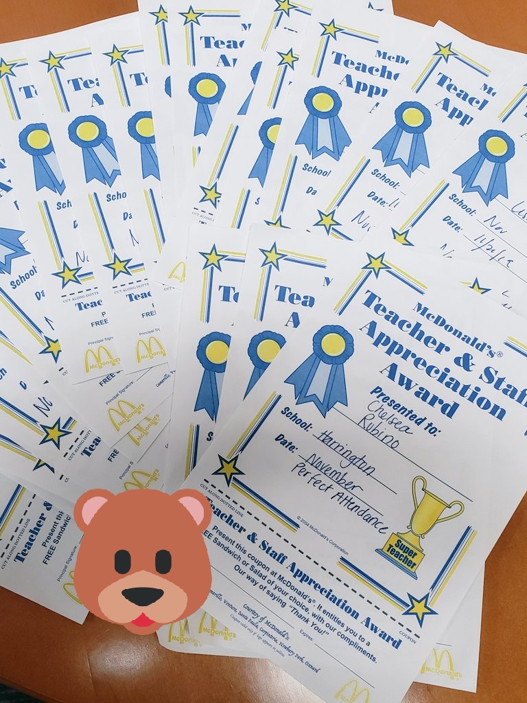 Staff Perfect Attendance for the month of November! Way to go Bears!