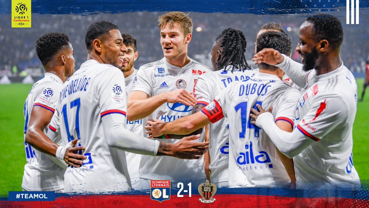 OL's tweet photo. En infériorité numérique une grosse partie du match, l'OL a tenu bon et s'impose au @GroupamaStadium face à Nice sur le score de 2 à 1. 💪

@jreineadelaide et @MDembele_10 sont les buteurs.

Prochain match au Zenit en @ChampionsLeague ce mercredi (18h55) ! 👊🔴🔵 https://t.co/ibVMRcIeng