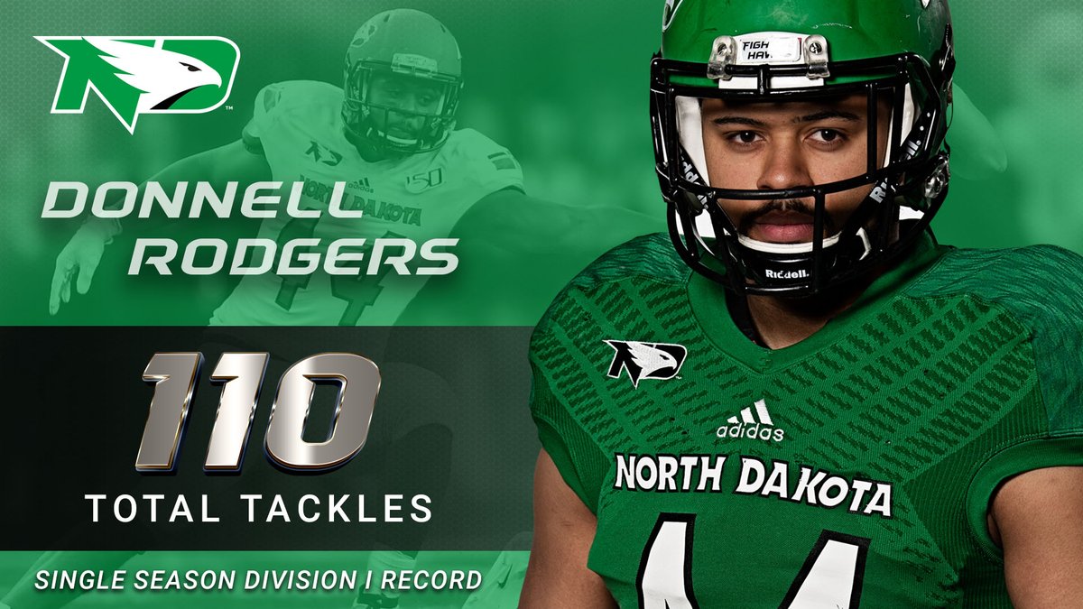 UNDfootball's tweet photo. With that tackle, Donnell Rodgers has broken UND's Divsion I record for total tackles in a single season! #UNDproud #LGH https://t.co/spwrQIz82c