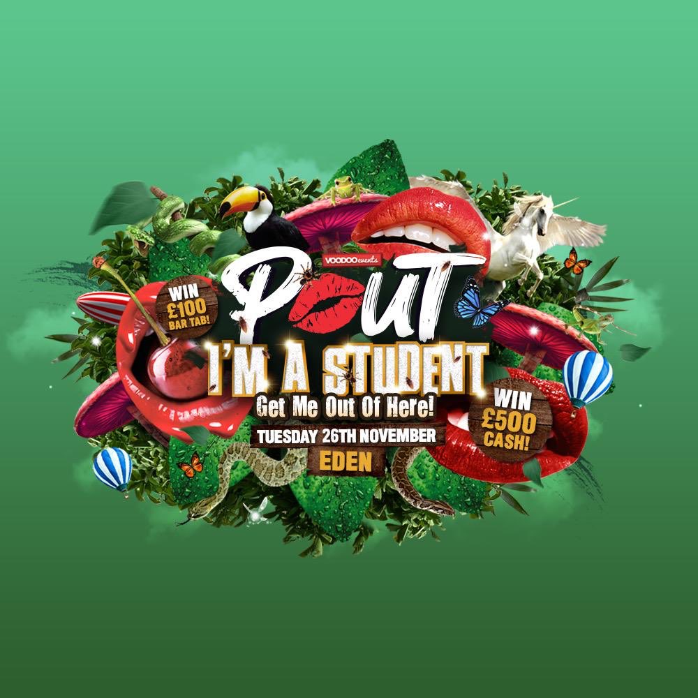 WIN £500 CASH THIS TUESDAY!!💰

Join us in the Jungle this week as Pout goes down under for I’m A Student, Get Me Out Of Here!! 

With on stage bushtucker trials, golden star balloon drop and some live jungle critters PLUS your chance to take away £500 in CASH!!🐊🏕