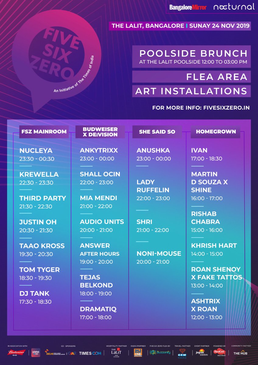 Here's the line-up y'all have been waiting for! 🔥
Come over this Sunday and make the most of it at #FiveSixZero2019.
Grab your last few tickets here: bit.ly/FSZ2019
More info on: fivesixzero.in