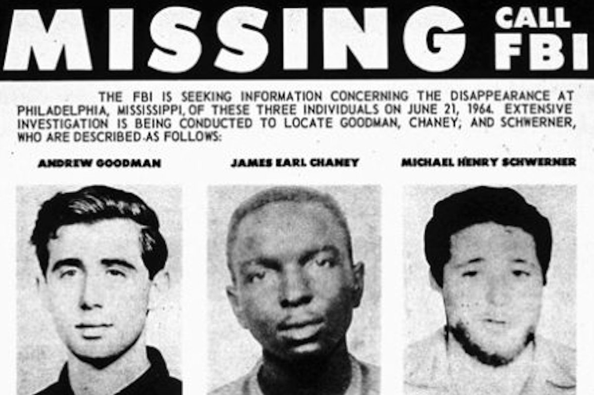 A newspaper clipping from 1964 shows images of three people - Andrew Goodman, James Earl Chaney, and Michael Henry Schwerner - who were murdered during Freedom Summer in Mississippi.