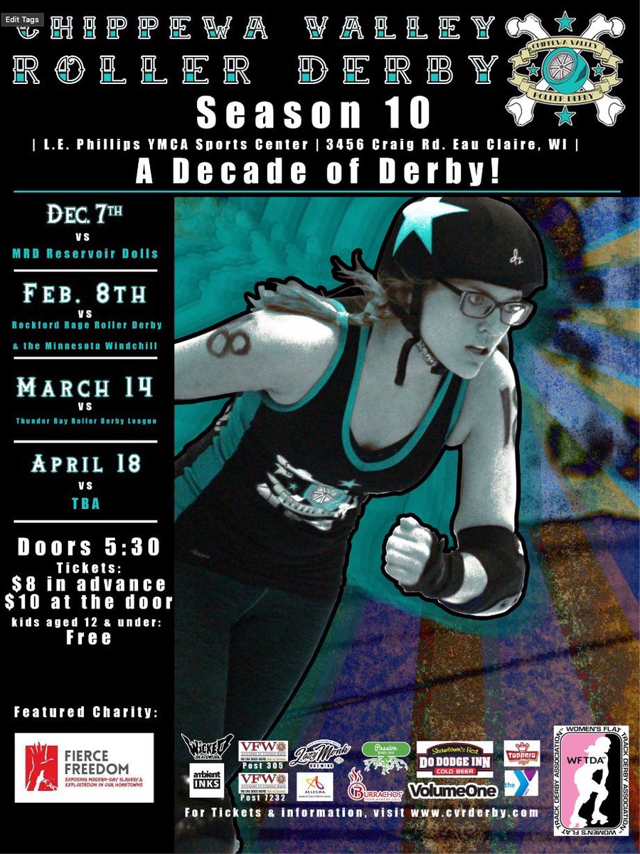 CVRDerby's tweet photo. CVRD’s first home game of the season is coming up December 7th at the YMCA Sports Center in Eau Claire! See you there!!! 
#decadeofderby #rollerderby #wiscoderby #cvrd #skaters #derbyskaters #wfta #sports https://t.co/WDUqIWW4ad