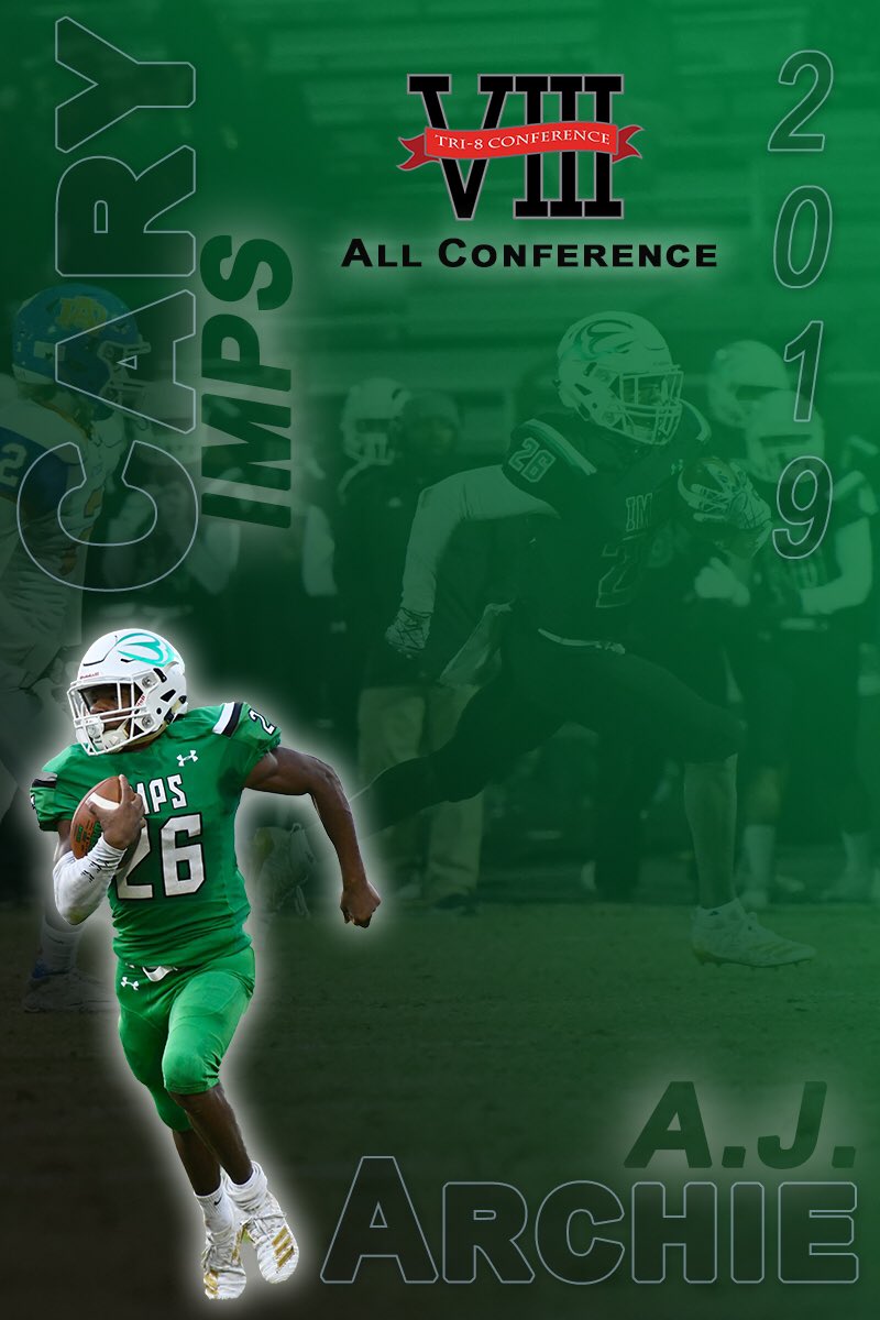 CaryImpFootball's tweet photo. Congrats to AJ Archie @AArchie26 for being named to the Tri-8 All Conference team! #FAMILY https://t.co/pgQCEBKAYT