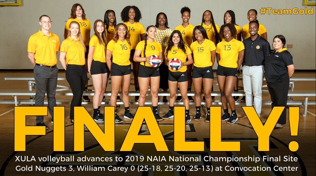 xulagold's tweet photo. Played big today to reach the biggest stage in Iowa. Hit .385 and swept William Carey in 69 minutes. Well done, @XULAvolleyball.
#TeamGold #HailAllHailXU #NAIAWVB https://t.co/UrYtrv5V2d
