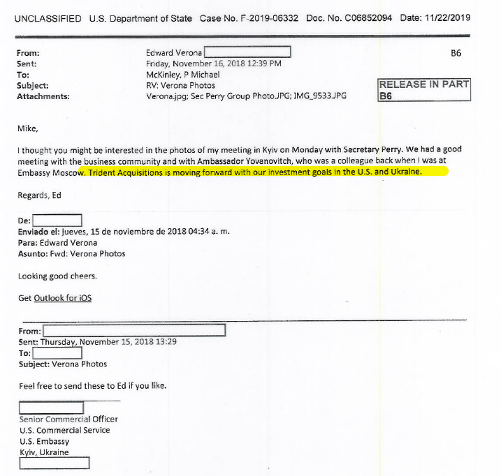 I'm not sure why these emails about Trident Acquisitions' meeting with Sec. Perry were included in the State docs obtained by  @weareoversight – maybe because of the reference to Yovanovitch's attendance? – but there's another reason I've been curious about Trident in Ukraine;