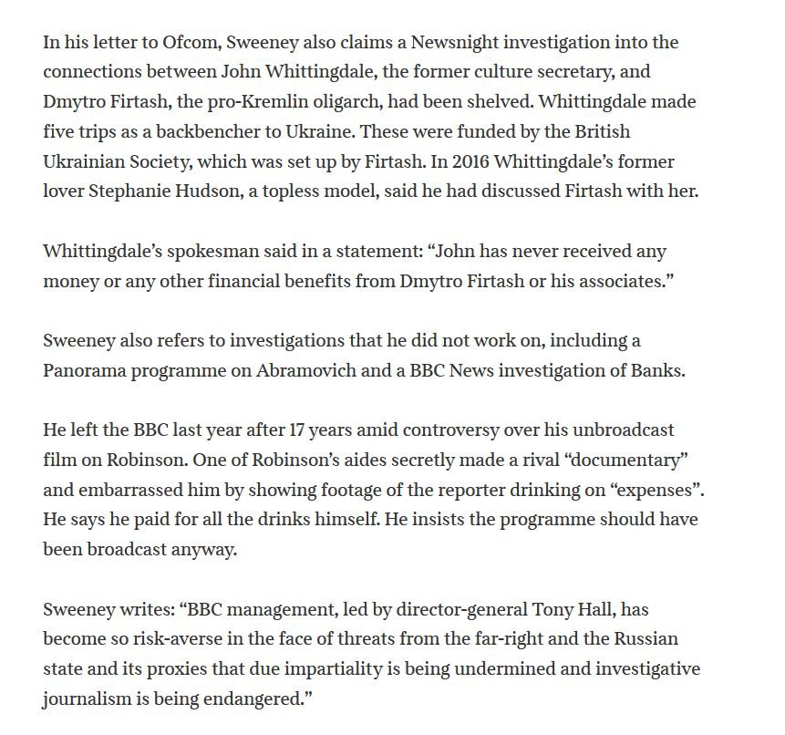 3/BBC investigations were also dropped into:Lord Mandelson;John Whittingdale;Arron Banks;Roman Abramovich;Tommy Robinson;Boris Johnson links with Russian oligarchs;Seumas Milne links with the Kremlin.cc @Ofcom  @Channel4News  @SkyNews  #ReleaseTheRussiaReport