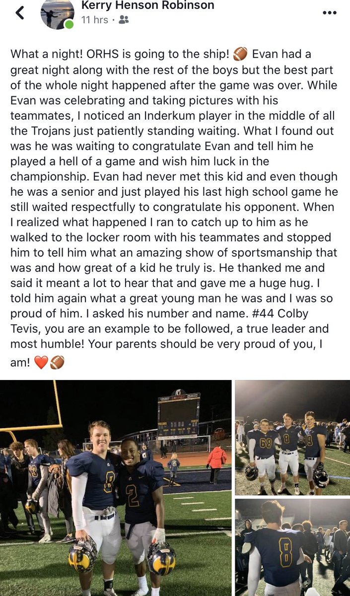 krobinson7306's tweet image. Football is more than a game and a true example of sportsmanship was  represented by Inderkum’s Colby Tevis #44 last night! Best of luck to this young man! @GoTigersGrowl @ORHS_Football