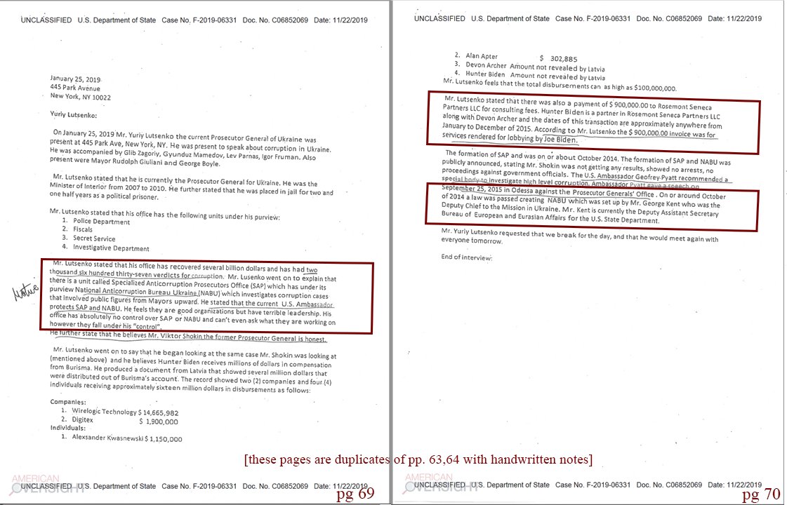 Duplicates pp 63, 64*handwritten note says "Motive"*describes SAP & NABU, Ukrainian anti-corruption agencies as "under the protection" of Amb. Yovanovitch*$900K to Rosemont Seneca for "lobbying by Joe Biden"*NABU was set up 9/25/15 by Dep. Sec. George Kent[cont]
