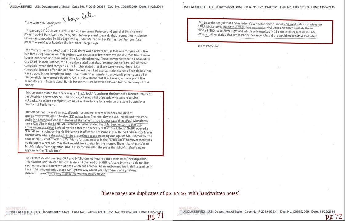 Duplicates pp 65, 66*Describes "Black Book", listing names of those receiving "kickbacks", 12 unbound pages*Yovanovitch asks for 3 cases to be closed, 1 against Leschenko*Head of NABU, Sytnyk, says wants Hillary to win*Yovanovitch says she'll make Sytnuk President[cont]