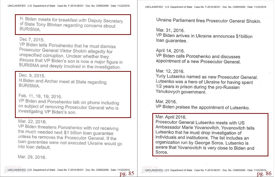 *05/26/15 Hunter Biden mtg with Dep. SOS Blinken about Burisma*Dec 9, '15 Hunter Biden & Archer meet at State*Feb 11, 18, & 19th '16 Joe Biden calls Poroschenko to remove prosecutor*Mar/Apr '16 Yovanovitch tells Lutsenko to drop Burisma & George Soros investigation[cont]