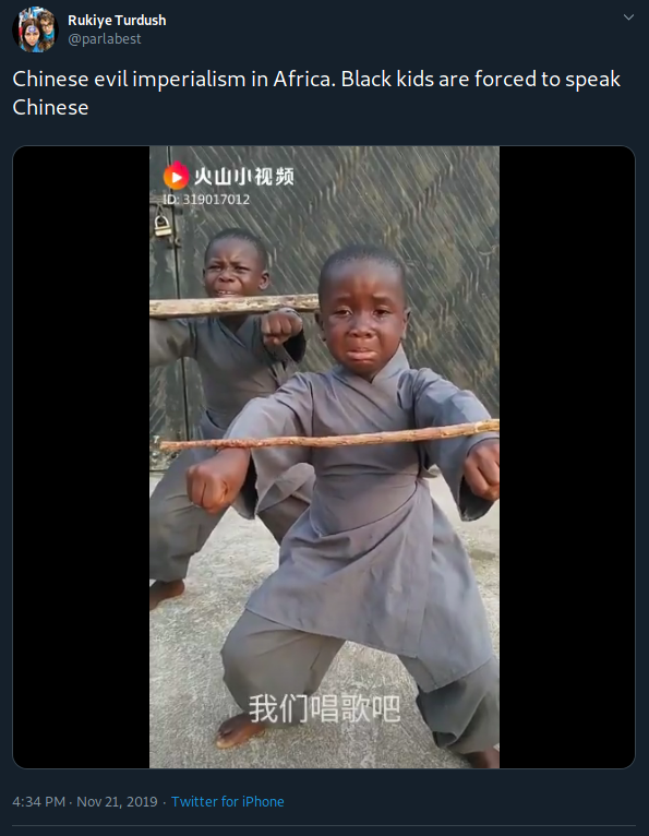 Two kids doing Shaolin Kung Fu training becomes "Chinese evil imperialism in Africa." No evidence they're in Africa, I think the person who runs that account is at least a little bit racist.