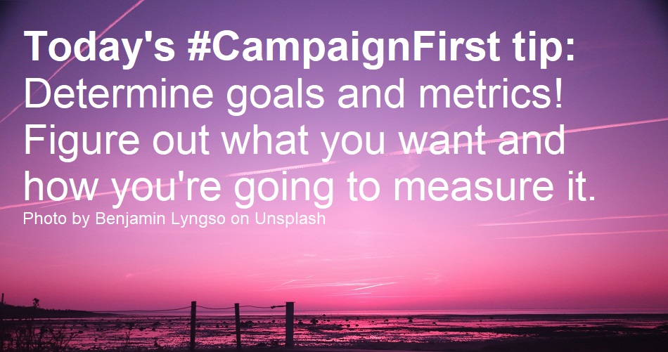 candela_strat's tweet photo. #AFPCongress2019 #nonprofit #charity 
Photo: https://t.co/f547fnbM8o
[Image description: A purple &amp; pink sunset above the black cityscape, with text, 
Today's #CampaignFirst tip: Determine goals &amp; metrics! Figure out what you want &amp; how you're going to measure it.] https://t.co/pCFFpsKp8w