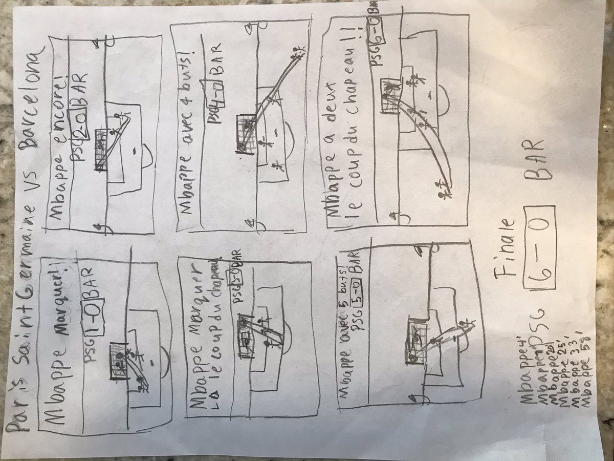 <a href="/KMbappe/">Kylian Mbappé</a> Bonjour! Mes deux fils, âgés de 6 et 9 ans, sont d'énormes fans, ici à Boston, États-Unis !! Ils adorent écrire des bandes dessinées et je pensais partager celle-ci avec vous. Ils ont hâte de vous voir jouer un jour! Merci d'être un si bon modèle.